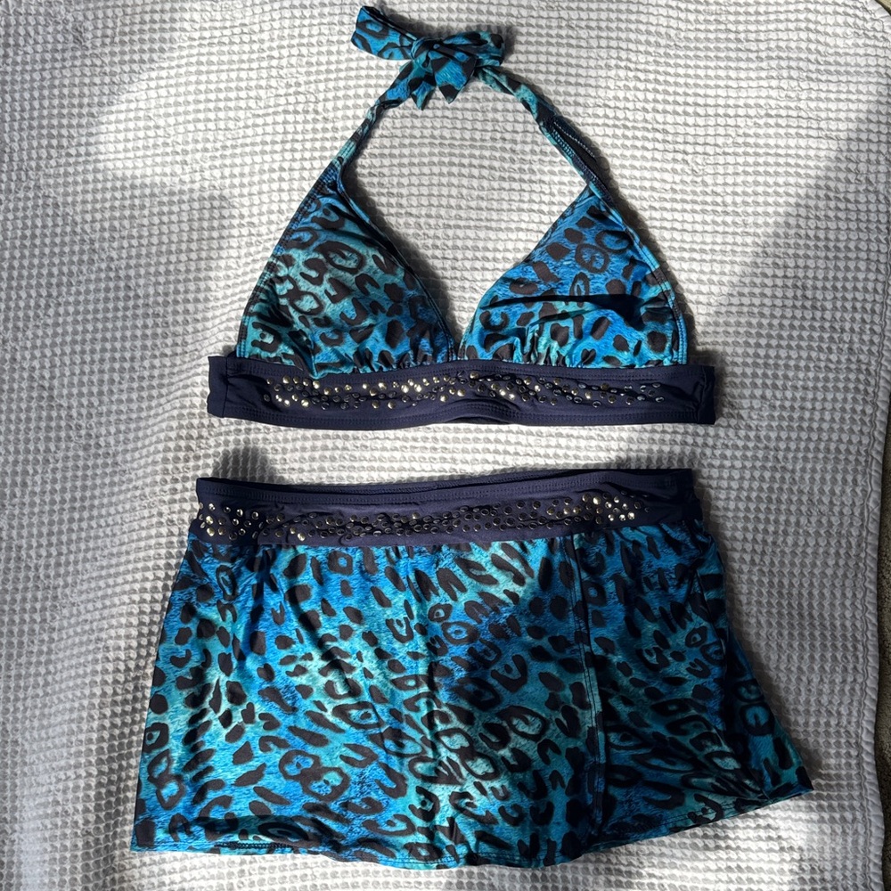 Athena Blue & Black Leopard Print Bikini Set - Size 10